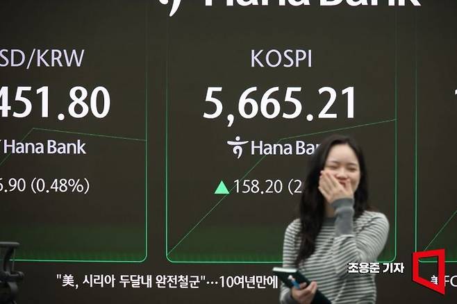 코스피가 장중 사상 첫 5600선을 돌파한 19일 서울 하나은행 본점 딜링룸에서 직원이 증시와 환율 등을 모니터하고 있다 이날 코스피는 오전 9시2분 기준 전장보다 150.70포인트(2.74%) 올라 강세를 이어가고 있다. 조용준 기자