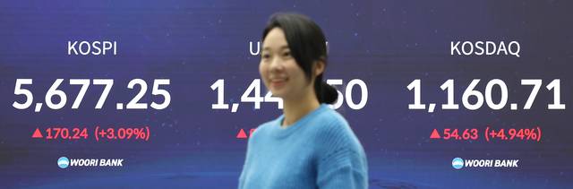 설 연휴 이후 코스피가 사상 처음으로 5600선을 넘어선 채 거래를 마친 19일 서울 중구 우리은행 딜링룸에서 딜러들이 업무를 보고 있다.  [연합뉴스]