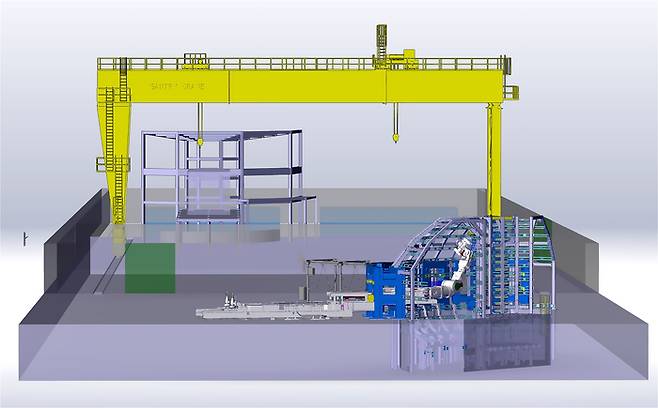 각각 ITER 진공 용기의 3분의 1에 해당하는 1:1 크기 강철 구조물 두 개가 설치돼, 작업자들이 조립 기술을 연습할 수 있다. 한 구조물은 이전 크라이오스타트 작업장(시험·테스트·훈련 시설, 뒤쪽)에 이미 조립돼 있으며, 다른 하나는 현재 건설 중인 건물 확장 구역에 설치될 예정이다. / ITER