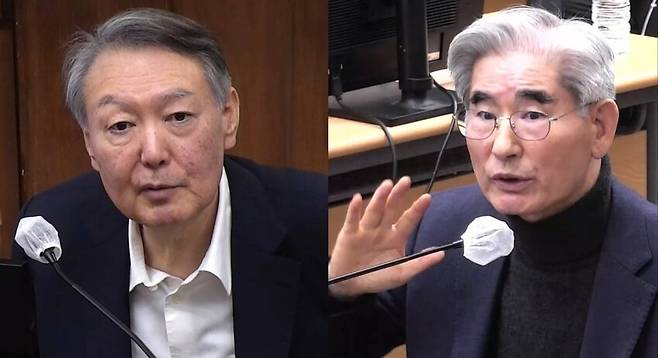 지난달 5일 서울중앙지법에서 열린 내란 재판에 출석한 윤석열 전 대통령과 김용현 전 국방부 장관. 서울중앙지법 제공