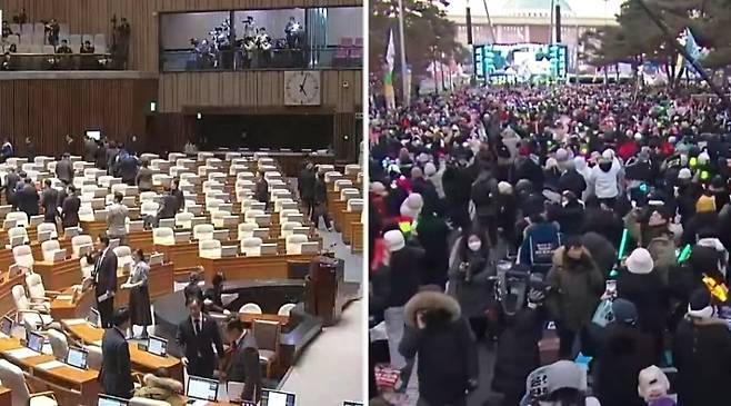 지난 2024년 12월 14일 우원식 국회 의장이 세 차례 의사봉을 내려치는 소리와 함께 오후 5시 탄핵안이 가결됐다. 본회의는 이날 오후 5시 3분 산회됐다.(왼쪽) 국회 앞에서 열린 범국민 촛불대행진에서 시민들이 기뻐하는 모습. (SBS 캡처)
