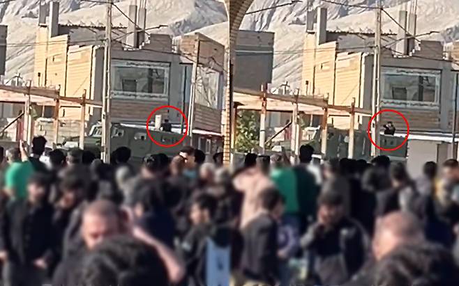 장갑차 위에서 시위대를 향해 발포하는 저격수 [SNS 갈무리]