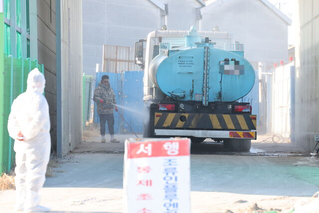 16일 고병원성 조류인플루엔자(AI)가 발생한 경기 포천의 한 산란계농장 인근에서 19일 차량 소독 작업이 진행되고 있다. 포천=김병진 기자