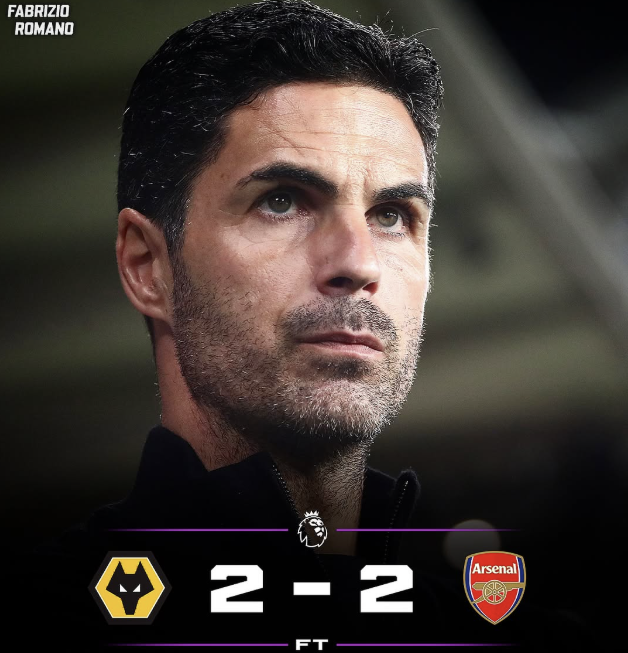 울버햄튼 원더러스와 2-2 무승부를 거둔 미켈 아르테타의 아스널. 파브리지오 로마노 SNS 캡처