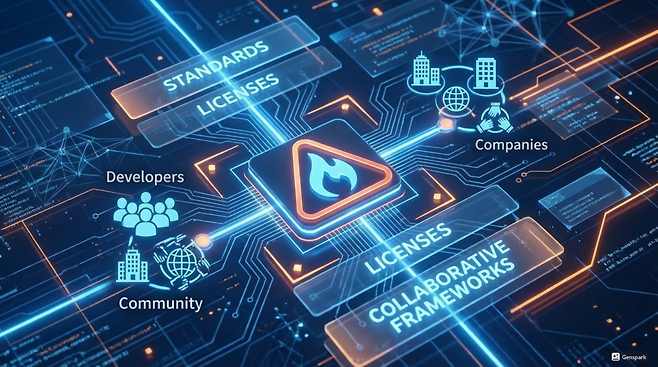 파이토치 재단은 ‘프로덕션급 AI 인프라의 중립적 거점’을 표방해 왔다. 이미지는 파이토치를 중심으로 한 오픈소스 AI 생태계와 거버넌스 구조는 개발자와 기업, 커뮤니티가 연결된 투명한 협업 프레임워크를 표현한 것이다. (이미지=젠스파크로 생성)