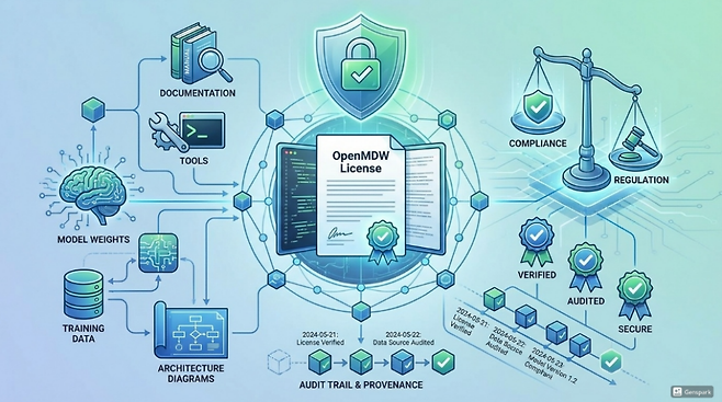 이날 화이트 이사는 ‘오픈’이 커지는 것과 비례하는 ‘오픈워싱’, 즉 마케팅이나 홍보에서는 ‘오픈’이라고 말하지만, 실제로는 외부가 검증·재현·수정·재배포할 수 있을 만큼의 조건이 갖춰져 있지 않은 상태에 대한 경고도 빼놓지 않았다.  핵심은 라이선스다.   이에 덧붙여 화이트 이사는 리눅스 재단이 개발한 OpenMDW(Open Model Data Weights) 라이선스를 소개하기도 했다. (이미지=젠스파크로 생성)