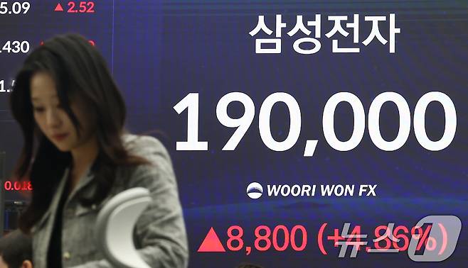 코스피가 사상 첫 5600선 마감한 19일 오후 서울 중구 우리은행 본점 딜링룸 전광판에 종가가 표시돼 있다. 이날 삼성전자는 전일 대비 4.86% 오른 19만원, SK하이닉스는 1.59% 오른 89만4000원에 장을 마감했다. 2026.2.19 ⓒ 뉴스1 김민지 기자