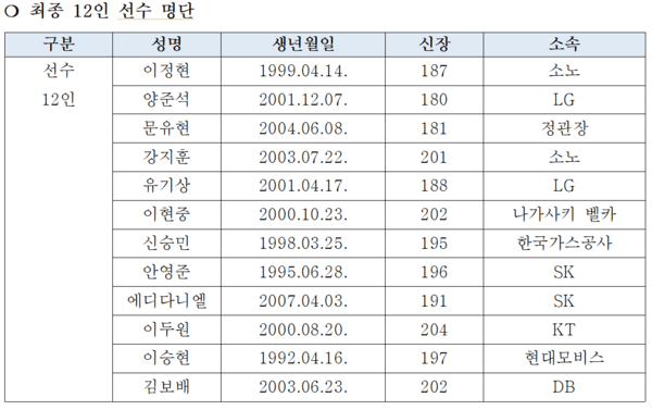 FIBA에 나설 한국 남자 농구대표팀 12인 명단. /사진=대한민국농구협회