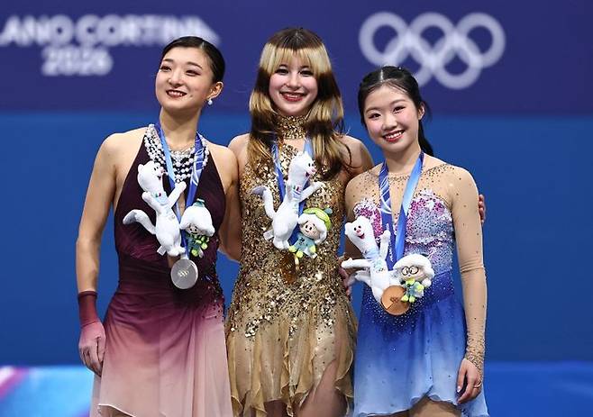 피겨 여자 싱글 금메달을 차지한 알리사 리우(가운데). ⓒ REUTERS/연합뉴스