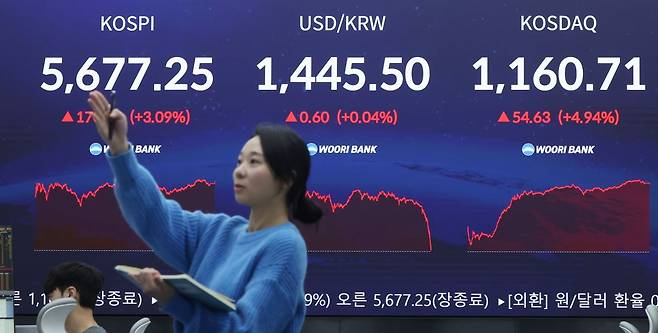 코스피가 사상 첫 5600선 마감한 19일 오후 서울 중구 우리은행 본점 딜링룸 전광판에 종가가 표시돼 있다. 2026.2.19. 사진=한경 김범준 기자