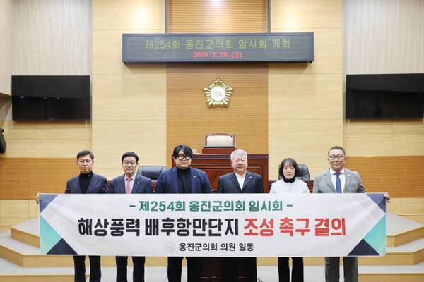 인천 옹진군의회가 20일 열린 제254회 임시회에서 ‘해상풍력 배후항만단지 조성 촉구 결의안’을 채택한 뒤 기념사진을 촬영하고 있다. 군의회 제공