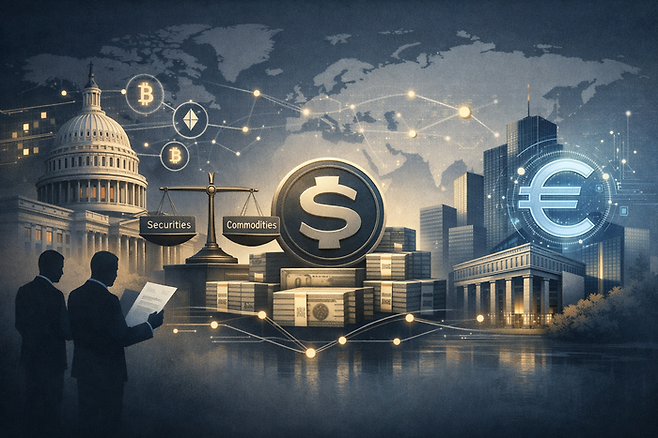 미국과 유럽 규제 명확화와 스테이블코인의 제도권 편입 흐름을 담은 일러스트< 생성 : 챗GPT >