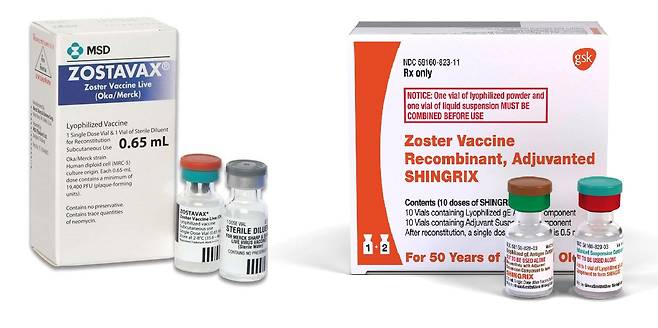 미국 머크(MSD)의 대상포진 생백신인 조스타박스(왼쪽)와 영국 GSK의 유전자 재조합 사백신인 싱그릭스. /각 사 제공