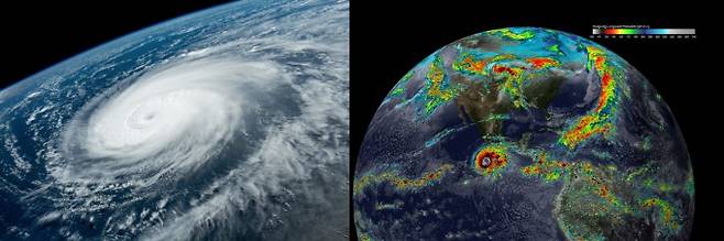 (왼쪽부터) 2022년 8월 3일 촬영된 거대 태풍 힌남노의 모습, 미국항공우주국(NASA)에서 실시한 기상 시뮬레이션의 모습. 전 세계 각지에서 기상 예측에 여전히 오래된 프로그래밍 언어 포트란이 쓰이고 있다. NASA 제공