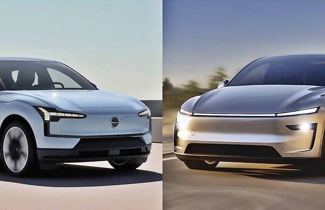 볼보 EX30(왼쪽)과 테슬라 모델Y [사진출처=볼보, 테슬라/편집]