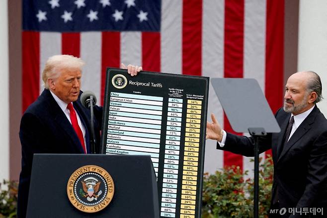 (로이터=뉴스1) 류정민 특파원 = 도널드 트럼프 미국 대통령이 지난 4월 2일 미국 워싱턴DC 백악관 로즈가든에서 하워드 러트닉 상무장관의 도움을 받아 국가별 상호관세율을 표시한 차트를 들어보이고 있다.  ⓒ 로이터=뉴스1  Copyright (C) 뉴스1. All rights reserved. 무단 전재 및 재배포,  AI학습 이용 금지. /사진=(로이터=뉴스1) 류정민 특파원