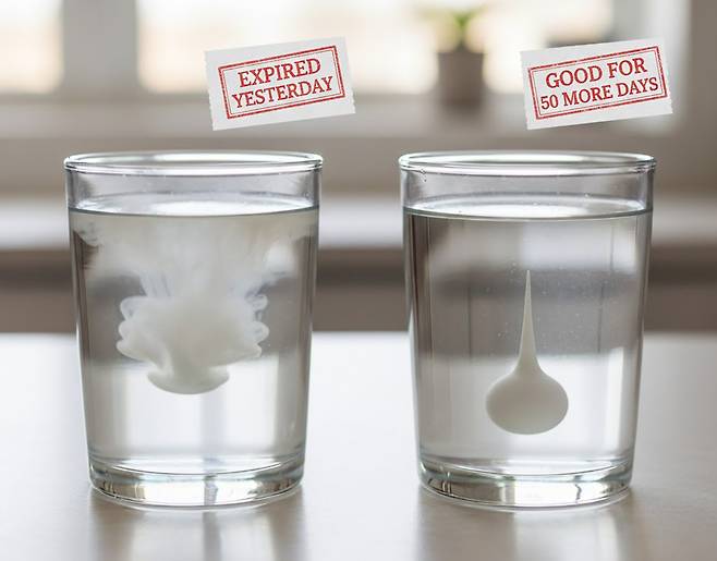 우유가 물속에서 형태를 유지하며 가라앉으면 변질되지 않은 상태다. 픽사베이