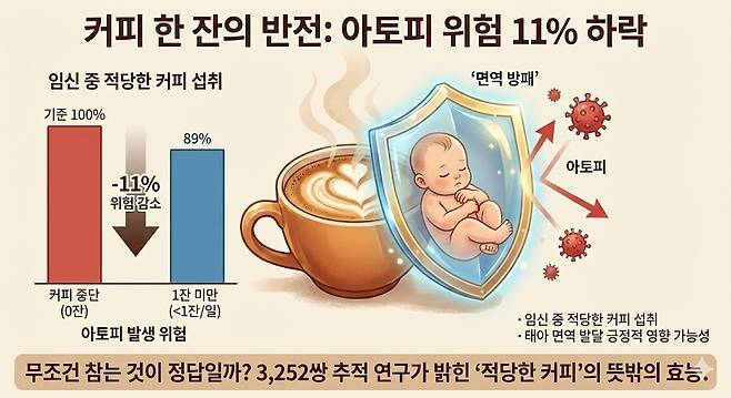 커피 한 잔의 반전: 아토피 위험 11% 하락. 제미나이 생성 그래픽