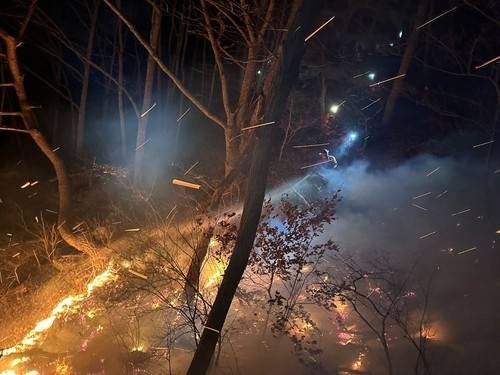 지난 21일 경남 함양에서 발생한 산불이 확산해 주민 대피명령이 내려졌다. 함양군은 22일 오전 8시 55분 재난안전문자를 통해 "마천면 창원리 산 23의 2 일대에 산불이 확산하고 있다"며 "견불동 주민과 입산객은 고정마을회관으로 즉시 대피하라'고 밝혔다. 사진은 이날 발생한 함양 산불 현장. 연합뉴스
