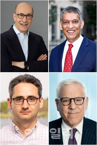 (왼쪽 상단부터 시계 방향으로) 케네스 로고프 하버드대 경제학과 교수, 에스와르 프라사드 코넬대 경제학과 교수, 데이비드 루벤스타인 칼라일 공동창업자 오렌 캐스 아메리칸컴퍼스 설립자. (사진=하버드대, 코넬대, 칼라일, 아메리칸컴퍼스)