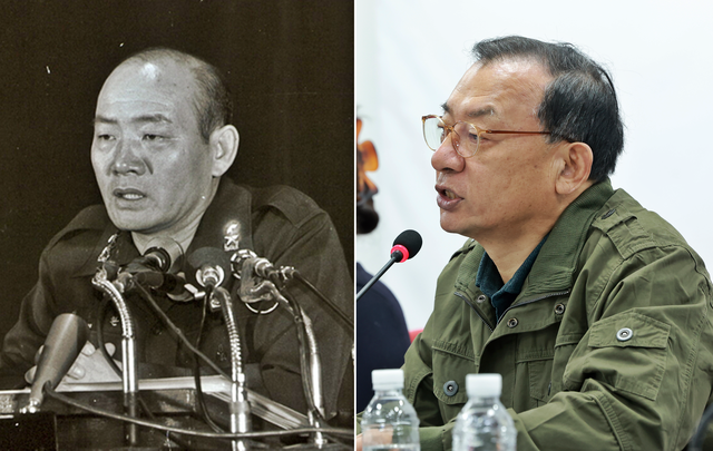 전두환 전 대통령이 1979년 11월 6일 육군보안사령관일 당시 계엄사령부 합동수사본부장으로서 박정희 전 대통령 시해사건 전모를 발표하고 있는 모습(왼쪽), 이정현 전 새누리당 대표가 2026년 2월 20일 국민의힘 6·3 지방선거 공천관리위원장으로서 미군 야전상의를 닮은 복장을 한 채 제1차 공관위 회의 모두발언을 하고 있는 모습(오른쪽).[연합뉴스 사진 갈무리]