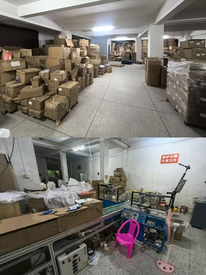 2025년 7월 중국 공안과 지식재산권(IP) 침해 대응 전문기업 ‘트러스트 데이터’에 적발된 중국 광둥성 산토우시의 위조품 생산 공장. 임동숙 트러스트 데이터 대표는 “위조 화장품 약 31만점이 압수됐다. 역대 최대 규모”라고 말했다. 임 대표 제공