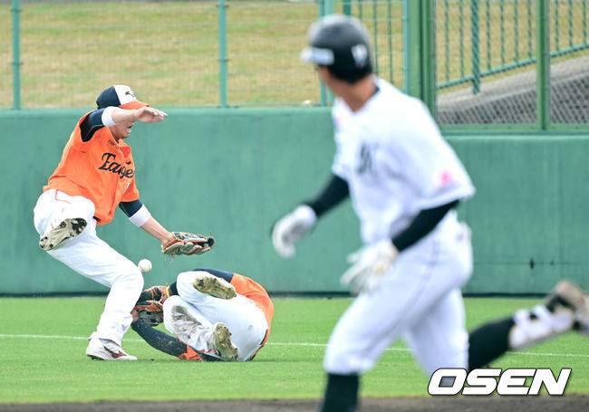 페라자와 하주석이 지바롯데와의 연습경기에서 콜플레이 실수로 충돌해 넘어지고 있다.