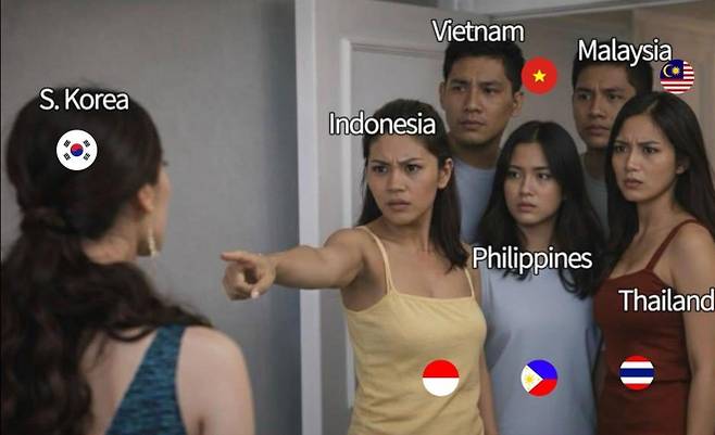 동남아 국가들이 한국에 맞서 연대하는 모습을 표현한 밈 이미지가 소셜미디어에서 확산하고 있다. 엑스(X·옛 트위터) 캡처