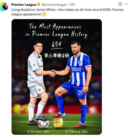 밀너의 통산 최다 출전 신기록 소식을 전한 EPL [EPL SNS. 재판매 및 DB 금지]