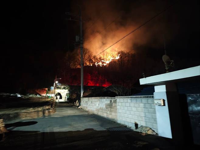 충북 단양군 대강면 장림리의 한 야산에서 발생한 산불./단양소방서 제공