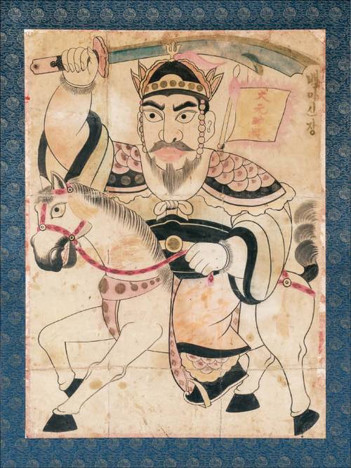 국립민속박물관 기획전시실2에서 오는 3월 2일까지 열리는 ‘말馬들이 많네-우리 일상 속 말’에서는 세계 속의 말 문화와 상징을 다양하게 볼 수 있다. 작자 미상 ‘백마신장(1950년)’. (국립민속박물관 제공)