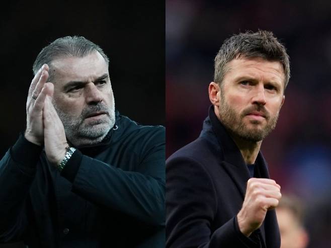 엔제 포스테코글루 전 토트넘 감독(왼쪽)이 맨유 사령탑이 되기 위해선 여러 자질을 갖춰야 한다고 말했다. 오른쪽은 현재 맨유 사령탑인 마이클 캐릭 감독. 런던·맨체스터｜AP뉴시스