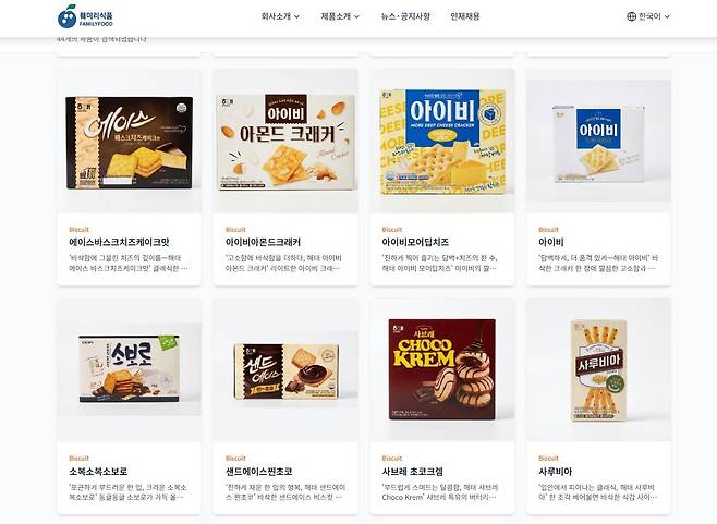 훼미리식품이 생산하는 비스킷류 제품 [훼미리식품 홈페이지 갈무리. 재판매 및 DB 금지]