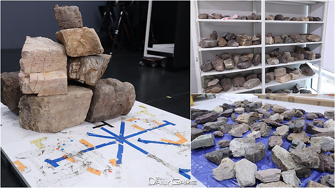 실물사이즈 마커와 임시로 축조된 돌벽. 다양한 형태와 패턴을 만들기 위해 실물 돌들을 지자체 협조를 통해 공수했다고 한다.