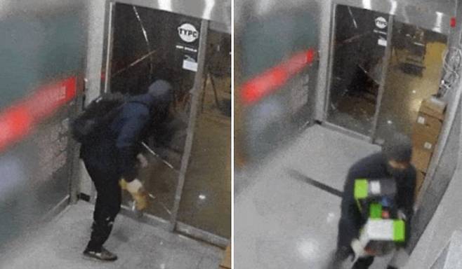 지난 22일 오전 5시 56분께 A씨가 경기 평택의 한 컴퓨터 부품 판매점에 침입해 컴퓨터 그래픽처리장치(GPU)를 훔쳐 달아나고 있다./사진=유튜버 '추천하는 남자'(TYPC), 연합뉴스