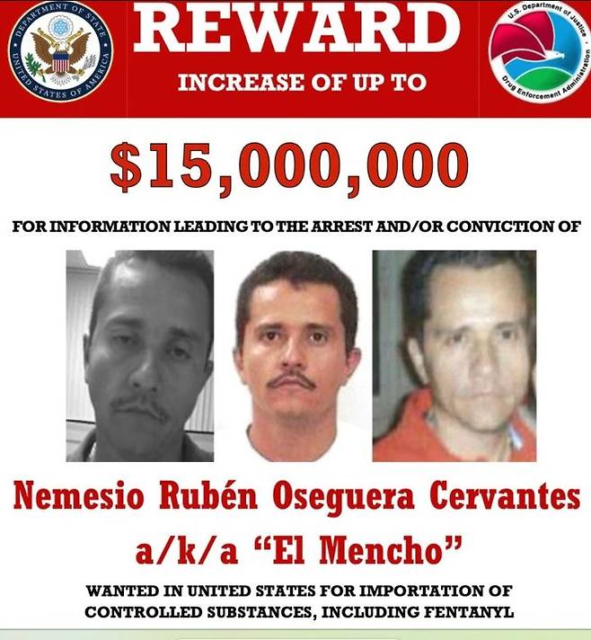 [AP/뉴시스] 미국 국무부가 내건 ‘엘 멘초’ 체포 정보에 대한 1500만 달러 현상금 포스터. 2026.02.24. *재판매 및 DB 금지