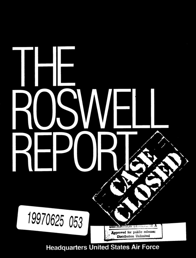 1947년 발생한 미확인 비행물체 추락사건을 1997년 조사한 로스웰 리포트 표지. 미 공군