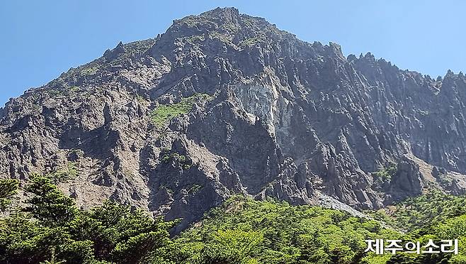 2021년 5월 한라산 백록담 남서쪽 인근 절벽에서 암석이 붕괴된 모습. [사진제공-김홍구 제주오름보전연구회 대표]