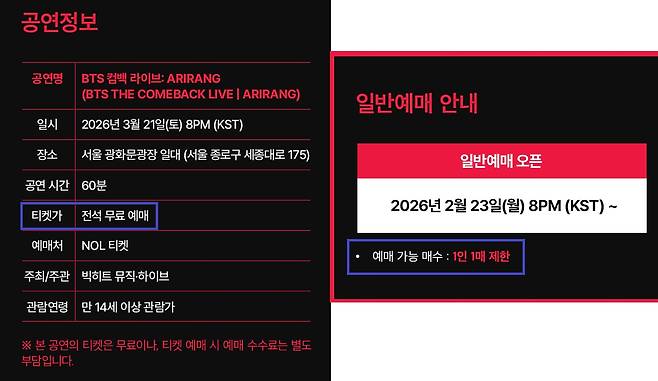 BTS 복귀 콘서트 공연정보 및 안내사항. /NOL티켓 캡처