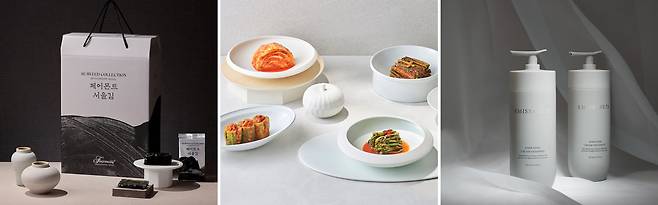 특급호텔들이 자체 PB 상품들을 선보이며 ‘스몰 럭셔리’ 수요를 공략하고 있다. 왼쪽부터 페어몬트 앰배서더 서울이 출시한 ‘페어몬트 김’, 조선호텔앤리조트 ‘조선호텔 김치’, 롯데호텔앤리조트에서 출시한 어메니티 브랜드 ‘에미서리.73’. 각 사 제공