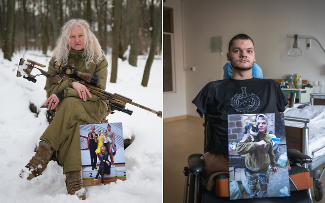 댄스 강사였던 테탸나 히미온은 22일 현재 우크라이나 군 저격수로 복무 중이다.(왼쪽) 건장한 청년이었던 루슬란 크니시는 러시아의 무인기 공격으로 팔다리를 모두 잃었다. 키이우=AP 뉴시스
