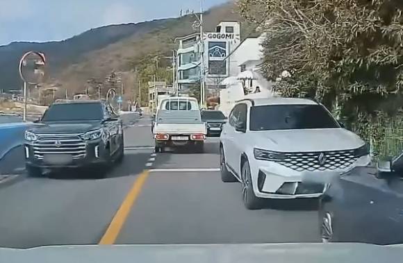 불법 주차 차량으로 통행이 어려운 상황에서 발생한 사고의 과실 비율과 관련해 전문가 설명이 제시됐다. 사진은 사고 직전 장면. [사진=유튜브 @한문철TV]