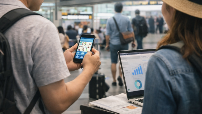 디지털 관광 서비스를 이용하는 관광객을 상징적으로 담은 모습.