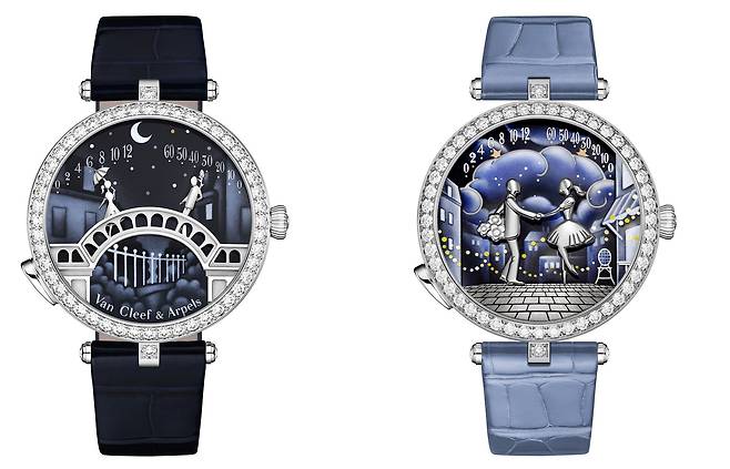 '레이디 아펠 퐁 데 자모르 워치'(왼쪽)와 2025년 새롭게 선보인 '레이디 아펠 발 데 자모르 오토메이트 워치'. 사랑에 대한 이야기를 손목시계로 구현한 모델이다. 오른쪽 시계의 경우, 다이얼 상단에 있는 한 쌍의 별이 시,분침 역할을 하며, 8시 방향의 버튼을 누르면 화이트 골드 조각으로 만든 남녀가 가운데로 모여 춤을 추기라도 하듯 손을 맞잡는다. 사진 반클리프 아펠