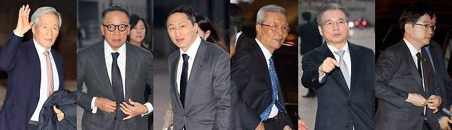 정몽준 아산재단 이사장(왼쪽부터), 정태영 현대카드 부회장, 정기선 HD현대 회장, 김종인 전 국민의힘 비상대책위원장, 김용범 청와대 정책실장, 김경수 대통령 직속 지방시대위원장이 2월 25일 오후 서울 서초구 예술의전당 콘서트홀에서 열린 아산 정주영 서거 25주기 추모 음악회에 참석하고 있다. 사진=뉴스1