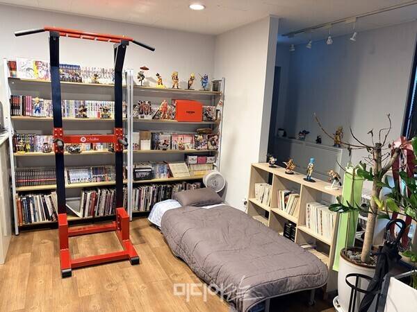 ▲지난 9일 찾은 서울 마포구에 위치한 김동훈 작가의 작업실 중 일부. 책장 빼곡히 만화와 캐릭터 피규어 등이 놓여있고 작업 중 쪽잠을 자는 침대도 놓여있다. 사진=정민경 기자.