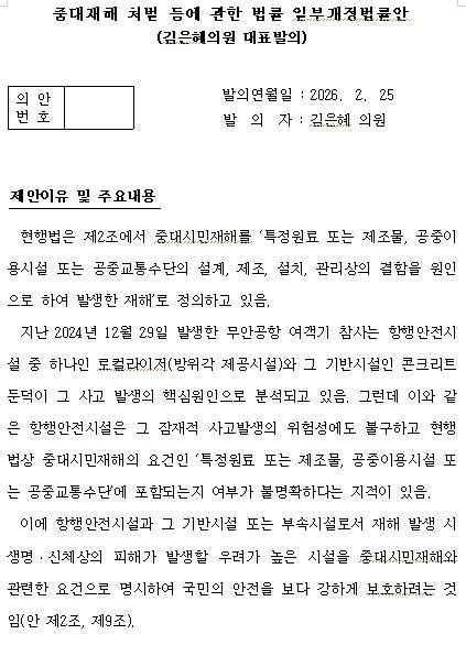 김은혜 의원이 대표 발의한 중대재해 처벌 등에 관한 법률 개정안.