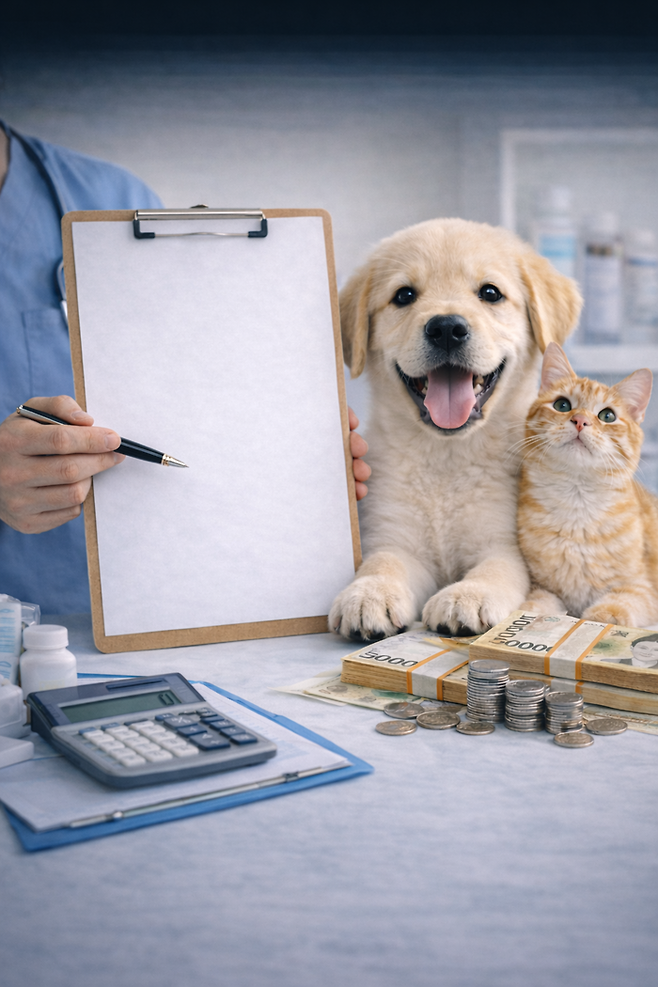 동물병원 진료 현장에서 반려견과 반려묘가 보호자와 함께 대기하고 있다. 농림축산식품부 조사 결과, 대구와 경북은 반려동물 진료 단계에 따라 의료비 부담 양상이 다른 것으로 나타났다. <이미지=생성형 AI>