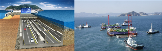 거가대로 침매터널 구간 투시도 및 실제 침매터널 함체 시공 전경./사진=대우건설