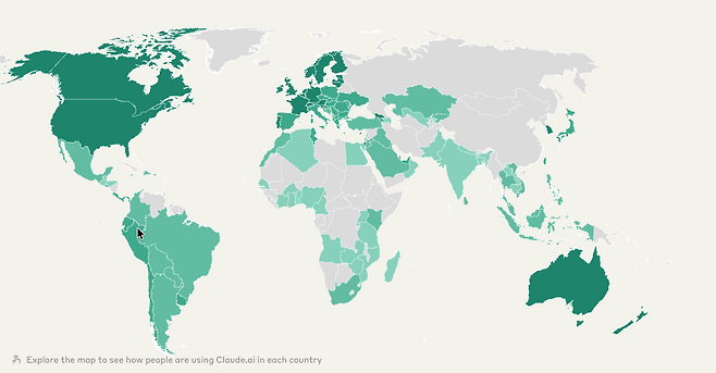한국은 클로드 전체 사용량 기준 세계 5위권으로 적극적이다. (출처=앤트로픽)